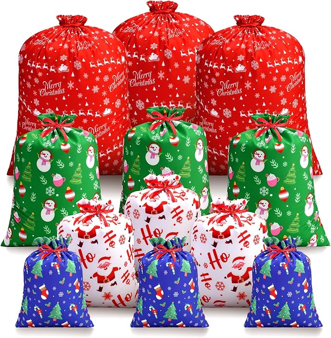 ARGCONNER 12 Pcs Christmas Drawstring Gift Bags, Assorted Reusable Fabric Gift Wrapping Bags in 4 Sizes and Designs for Gifts Xmas Party Holiday Favors