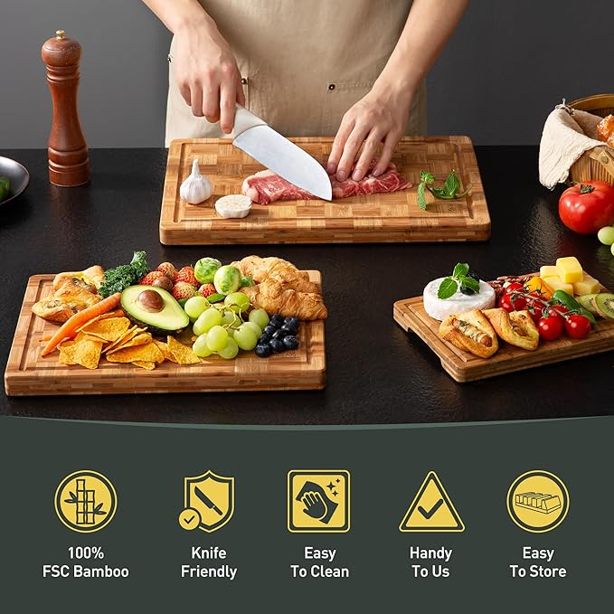 3 Pack Heavy Duty Bamboo Cutting Board Set Non Toxic Wooden Cutting Board for Kitchen Non Slip Solid End Grain Thick Wood Juice Groove Chopping Board Extra Large Big Small Best House Warming Gift