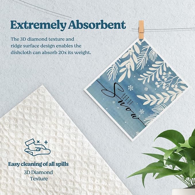 Christmas Swedish Dishcloths for Kitchen, Winter Snowflake Xmas Blue Kitchen Dish Towels for Washing Dishes, 4 Pack Reusable Paper Towels, Sponge Cloths for Home Party Housewarming Cleaning