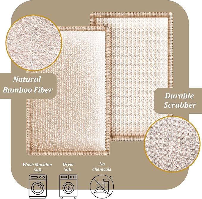 Bamboo Dish Sponge Natural Kitchen Scrub Sponges-Beige,6 Pack
