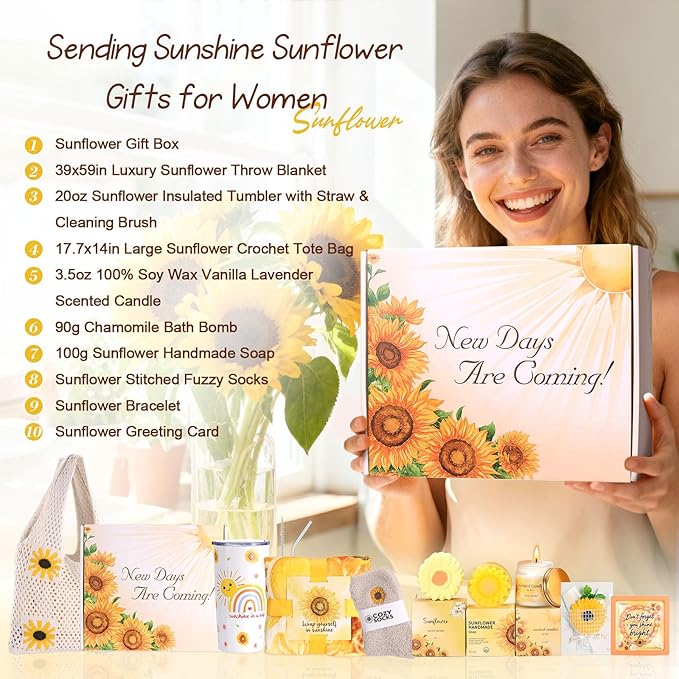 Sunflower Birthday Gifts for Women Self Care Gift - Sending Sunshine Get Well Soon Gifts Sympathy Gift Basket for Women New Mom Care Package, Christmas Gifts Relaxation Gifts for Mom Her Coworkers