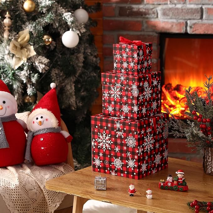3 Pcs Christmas Nesting Gift Boxes Buffalo Plaid Xmas Stackable Boxes Black Red Decorative Xmas Nested Present Boxes with Lids and Ribbon for New Year Birthday Party Gift(Snowflake)