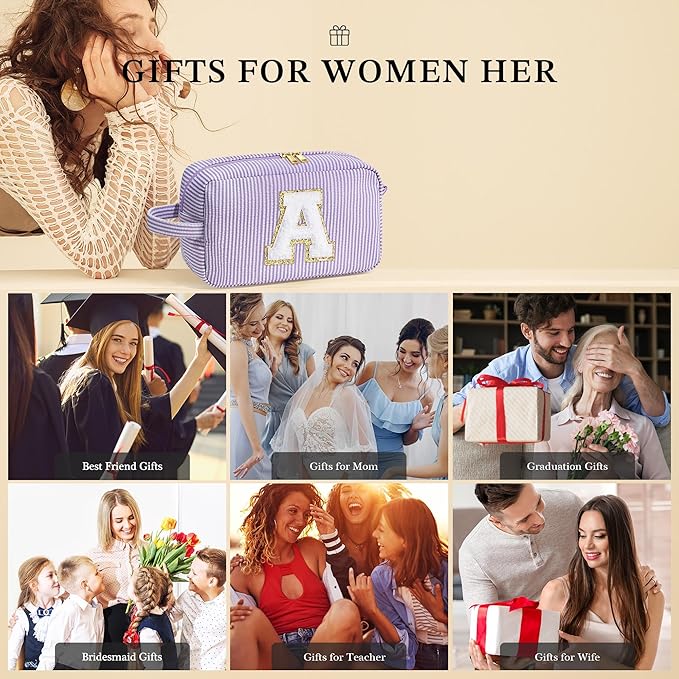 YOOLIFE Travel Makeup Bag - Personalized Monogram Initial Makeup Bags Cosmetic Toiletry Bag Pouch for Women, Mom, Her Best Friend, Female Teacher, Birthday Gifts