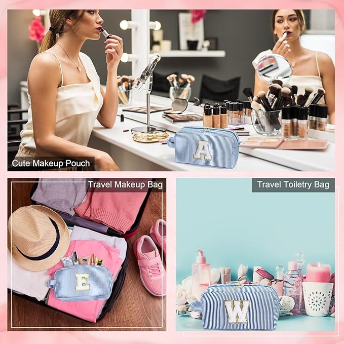 YOOLIFE Initial Cosmetic Bag for Women - Monogram Cute Blue Makeup Bag Cosmetic Toiletry Pouch Make Up Case for Women Her Best Friend Friendship Sister Teacher, Personalized Birthday Gifts for Women I