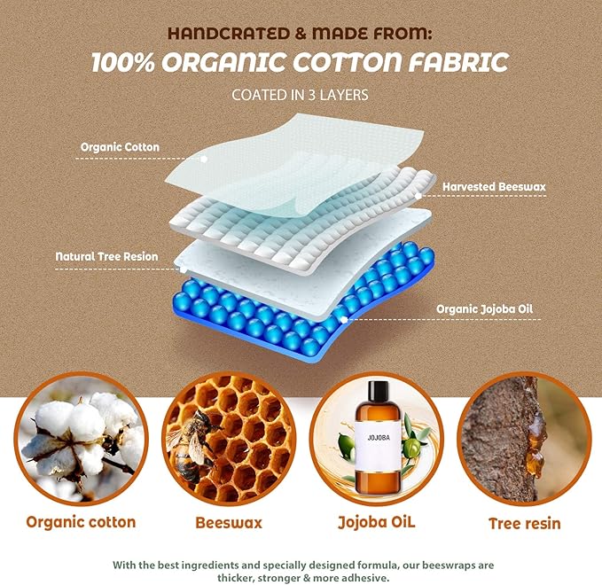 Akeeko Reusable Beeswax Food Wraps - Assorted 9 Packs, Reusable, Plastic-Free Food Storage, 5 Small, 2 Medium, 1 Large, 1 Extra Large Wraps with Water Color Flora Pattern