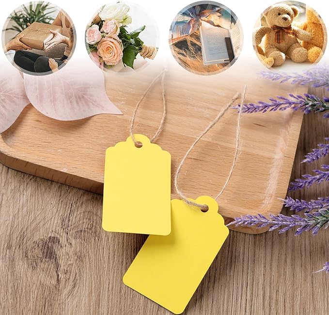 SallyFashion 120pc Gift Tags with String - Blank Yellow Paper Hanging Tags for Wedding & Birthday Gifts DIY