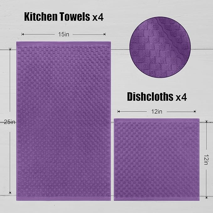 Fintale 100% Cotton Kitchen Towels and Dishcloths Set, 12 x 12 & 15 x 25 Inches, Set of 8 Bulk Super Soft and Absorbent Terry Cloth Dish Towels, Quick Drying Hand Towels with Hanging Loop, Purple