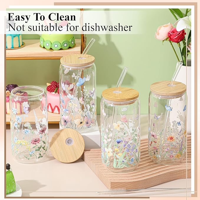 Mumufy 8 Pcs Gift for Women Wild Flower Glass Cup Tumbler Butterfly Iced Coffee Mugs 16 oz Glass with Bamboo Lid & Straw, Christmas Mothers Day Birthday Gift for Mom Sister Bridesmaid Baby Shower