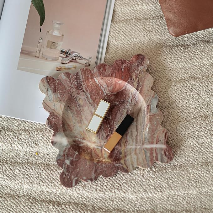 Natural Travertine Decorative Tray with Scalloped Edge, Marble Vanity Tray for Countertop Organizer, Catchall Tray for Perfume, Candles, Jewelry Dish