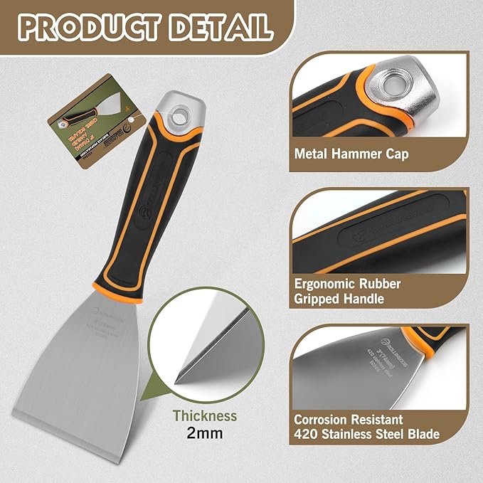 ROLLINGDOG 3" Angled Stiff Chisel Scraper, 5 Degree Angled Putty Knife with Metal Hammer Cap, Rubber Gripped Handle, Paint Scraper into Corners