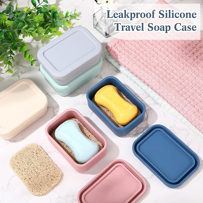 Honeydak 5 Pcs Silicone Travel Soap Case Container Leak Proof Bar Soap Box Holder Dishes with Draining Layer for Traveling, Camping, Gym, Bathroom, 4.7 x 3.3 x 1.7 Inches