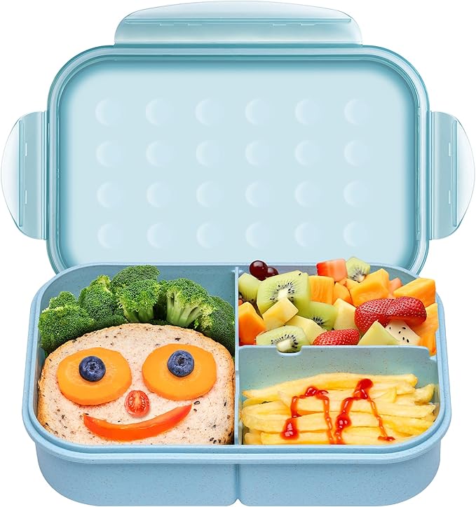 Wheat Straw Lunch Box - Leakproof Bento Box for Kids & Adults, BPA-Free 3-Compartment Food Containers, Microwave & Dishwasher Safe (Blue, 5.5 Cup)