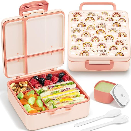 Fimibuke Bento Lunch Box for Kids, Leak Proof Toddler Bento Box with 4 Compartments BPA Free Dishwasher Safe Lunch Container with Utensils, Ideal Portion Sizes for Ages 3-12 Girls Boys for School