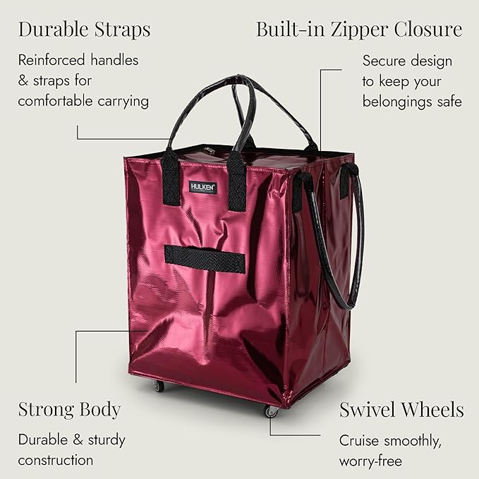 HULKEN - (Large, Cosmic Red Reusable Grocery Bag On Wheels, Shopping Trolley, Rolling Tote, Zipper Closure, Lightweight, Carries Up to 66 lb, Folds Flat, Unbreakable Handles