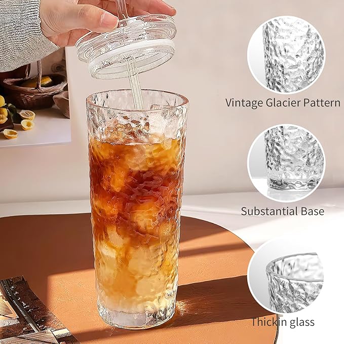 Puraville 2 Pack 18oz Glass Cups with Lids and Straws, Vintage Ribbed Striped Glacier Pattern Thickened Glassware for Whiskey Cocktail Beer, Mason Jar Drinking Glasses Tumbler Iced Coffee Cup, Clear