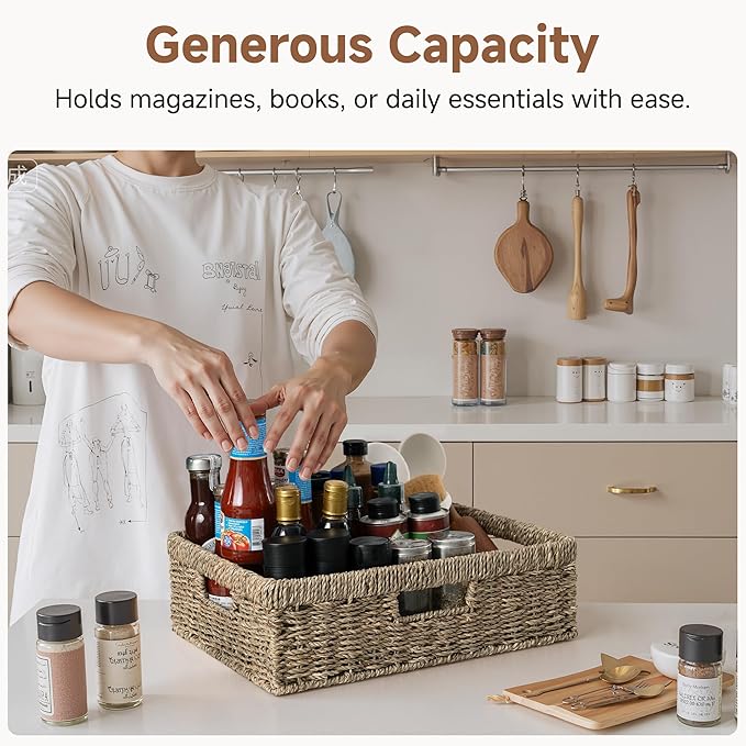 StorageWorks Pantry Baskets, Wicker Storage Baskets for Organizing, Shelves, Pantry Organizers and Storage, Seagrass, 15½"L x 11¾"W x 4 ¾"H