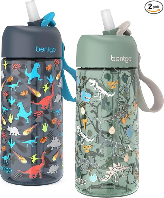 Bentgo Kids Water Bottle 2-Pack - Leak-Proof, Durable Tritan, BPA-Free 15 oz. Cup for Kids/Toddlers Ages 3+, Safe Sip Spout, & Dishwasher Safe for School/Sports/Daycare/Camp (Dinosaur/Dino Fossils)