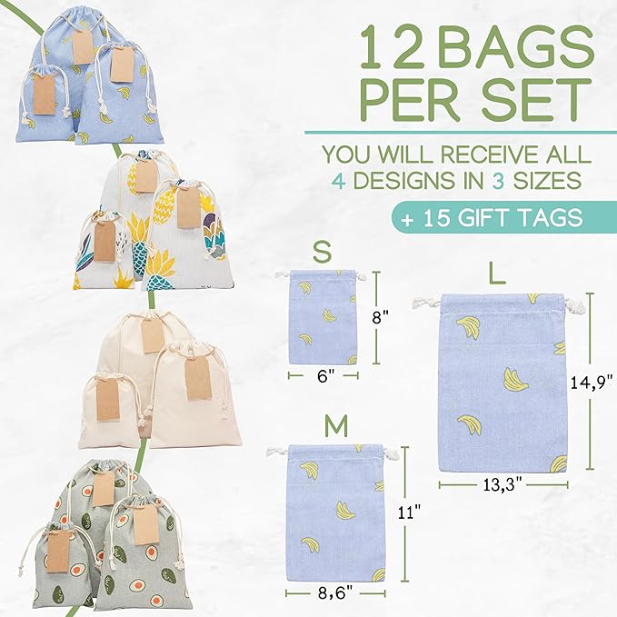 12 pcs Reusable gift bags. Bonus: 15 Gift tags & String. Multipurpose Gift wrap bags. Fabric gift bags. Gift bags assorted sizes for Holiday gifts, birthdays, parties. 9th Ed.