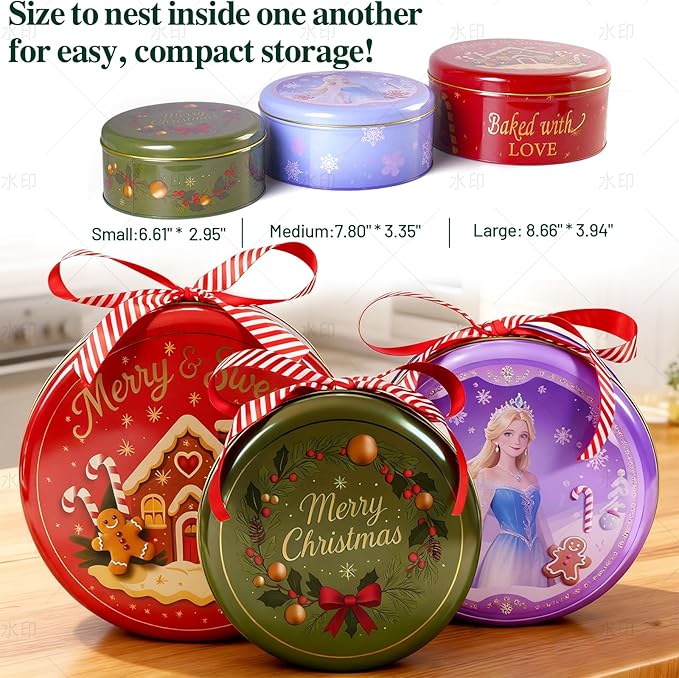 Christmas Cookie Tins with Lids, Set of 3 Larger Holiday Containers for Homemade Cookies, Gifts, Treats, Reusable Round Metal Storage Boxes with 3 Premium Greeting Cards & 16.5ft Ribbon