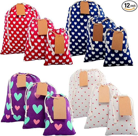12 pcs Reusable gift bags. Bonus: 15 Gift tags & String. Multipurpose Gift wrap bags. Fabric gift bags. Gift bags assorted sizes for Holiday gifts, birthdays, parties. 15th Ed.