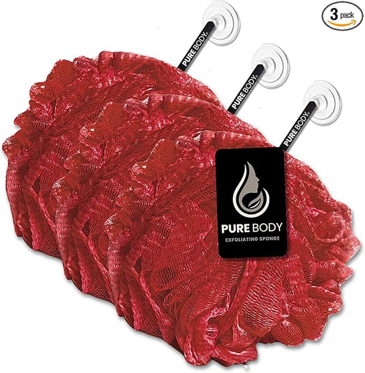 Large Bath Sponge Pack of 3 – Gentle Exfoliation Loofahs with Suction Cup for Easy Drying, Soft 70G Mesh Poufs for All Skin Types, Luxurious Lather for Daily Use (Dark Red)
