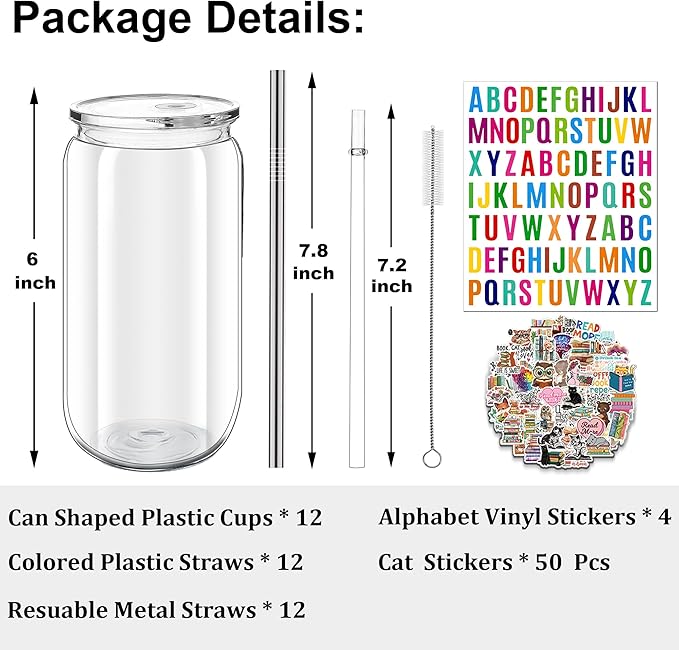 16 oz Clear Plastic Cups Reusable with Lids and Straws & DIY Sticker, 12Pack Acrylic Mason Jars Iced Coffee Drinking Glasses Cup for Park Picnic, Poolside, Party Giveaways