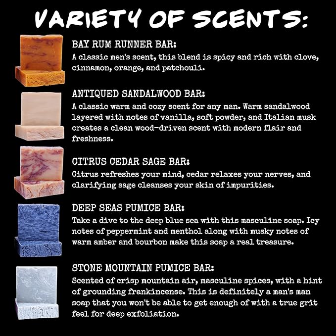 BLUEBYRD SOAP Men's Natural Bar Soap Gift Set (5 Bars) | Masculine Soap Bars Variety Pack - Bay Rum, Citrus Cedar Sage, Sandalwood, Frankincense, Exfoliating Pumice (Mens Original)