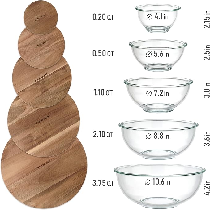 Stackable Space-Saving Set of 5 Nesting Glass Bowls with Acacia Lids for Foodprep, Storage, Mixing & Cooking - Microwave & Oven-ready BPA Free Durable Heat Resistant Inert Borosilicate Glass