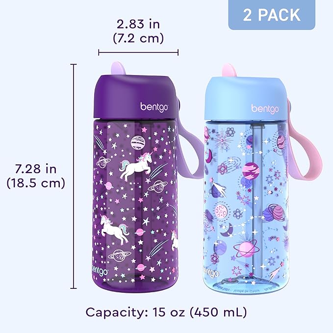 Bentgo Kids Water Bottle 2-Pack - Leak-Proof, Durable Tritan, BPA-Free 15 oz. Cup for Kids/Toddlers Ages 3+, Safe Sip Spout, & Dishwasher Safe for School/Sports/Daycare/Camp (Unicorn/Lavender Galaxy)