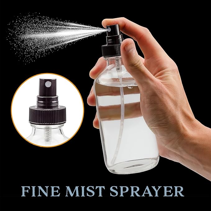 Cornucopia Brands 8-Ounce Clear Glass Fine Mist Spray Bottles (Pack of 4) Boston Round w/Atomizer Spritzers for Aromatherapy Perfume, Cologne, DIY & More