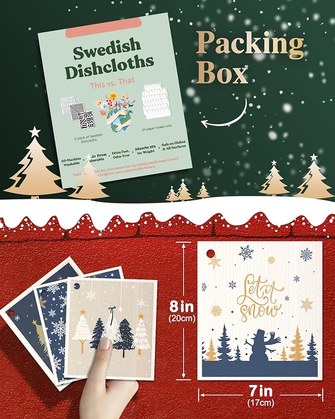 Christmas Swedish Dishcloths for Kitchen - 5 Pack Reusable Dish Cloths for Washing Dishes Absorbent Cute Winter Theme Kitchen Towels Cleaning Sponge, Blue Xmas Theme