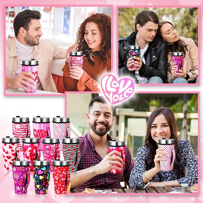 Layhit 10 Pcs Valentine Theme Coffee Cup Sleeves Reusable Neoprene Cup Sleeve with Handle for Galentines Valentine's Day Anniversary Wedding Gifts for 30 oz Cold Hot Drinks Beverages Tumbler