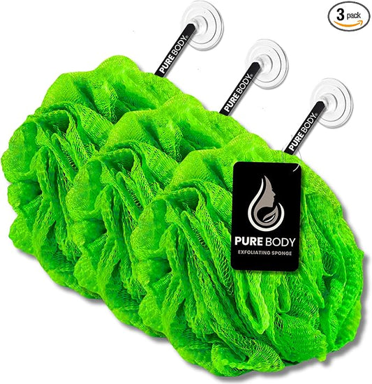 Large Bath Sponge Pack of 3 – Gentle Exfoliation Loofah with Suction Cups, Soft 70G Mesh Poufs for All Skin Types, Lather for Daily Use (Green)