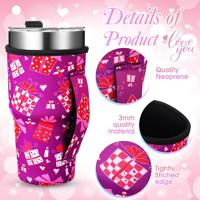 Layhit 10 Pcs Valentine Theme Coffee Cup Sleeves Reusable Neoprene Cup Sleeve with Handle for Galentines Valentine's Day Anniversary Wedding Gifts for 30 oz Cold Hot Drinks Beverages Tumbler