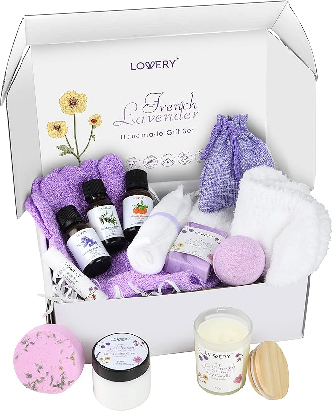 Christmas Bath Gift Set, 18pc French Lavender Relaxation Spa Gift Basket for Women & Men, Handmade Gift Box, Body Oils, Organic Lip Balm, Scented Candle, Bath Bomb & More, Spa Kit Gift for Birthday