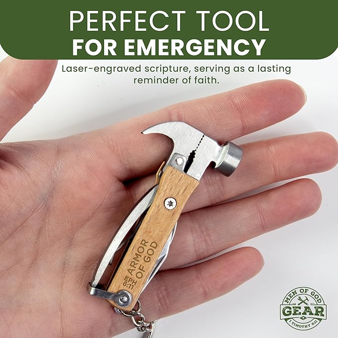 5-in-1 Hammer Keychain Multi-Tool - Laser-Engraved Armor of God, Eph 6:11 Scripture - Multitool Keychain Pliers with Opener, Nail Pry & More - Christian Pocket Tools For Men