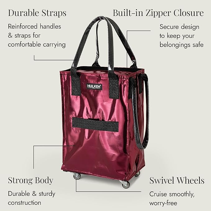 HULKEN (Small, Cosmic Red) Reusable Grocery Bag On Wheels, Shopping Trolley, Rolling Tote, Zipper Closure, Lightweight, Carries Up to 66 lb, Folds Flat