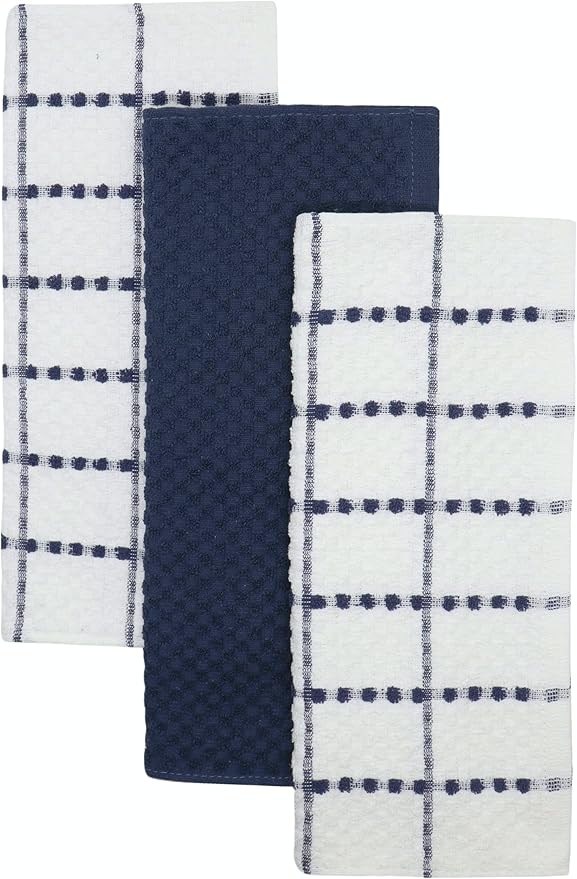 Cotton Dish Towels for Kitchen Drying Dishes, Set of 3, Terry Kitchen Hand Towels, Light and Soft Tea Towels for Baking, 15 Inch x 25 Inch (Blue Set)