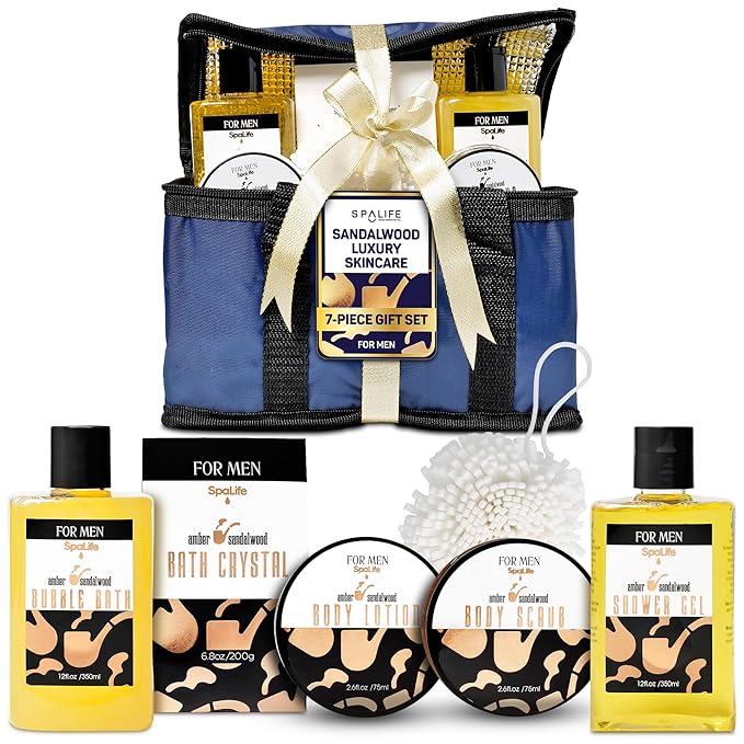 SpaLife Luxury Spa Skincare Sandalwood Gift Set for Men | Mens Body Wash Gifts | Mens Gift Set for Bath and Body | Christmas Gifts for Men | Cleansing, Moisturizing, Exfoliating | 7-Piece Bundle
