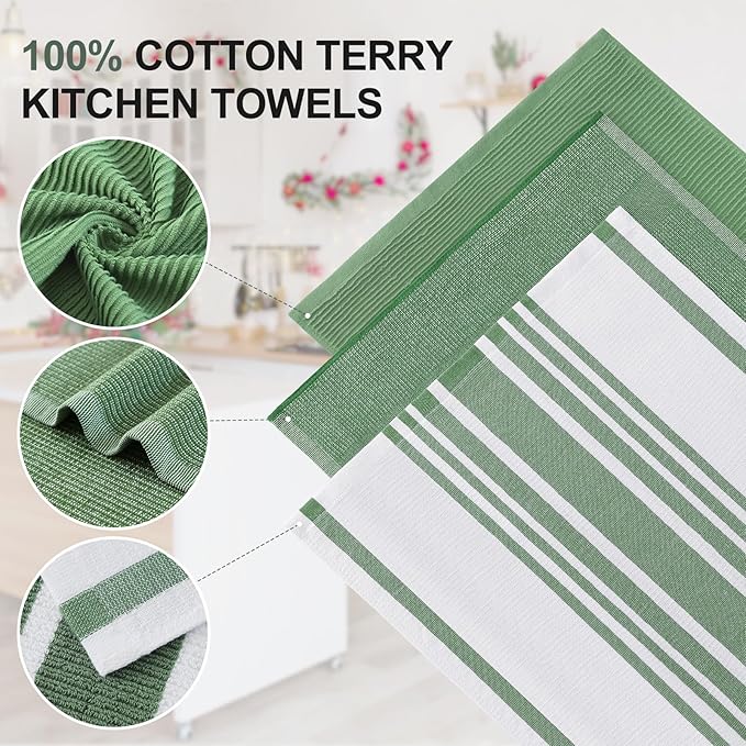 Homaxy Premium Kitchen Towels(18”x 28”, 6 Pack), Large Cotton 380 GSM Kitchen Hand Towels, Soft and Absorbent Terry Dish Towels, Multipurpose Tea Towel Set with Hanging Loop, Grass Green
