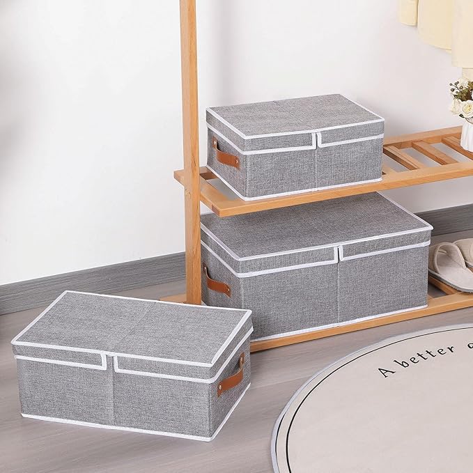 3-Pack Storage Boxes, Foldable Blanket Basket with Detachable Lid, Linen Closet 0rganizers with Double Handles, Collapsible Cubes for Organizing, Grey, 13 x 9.1 x 5.5 inch