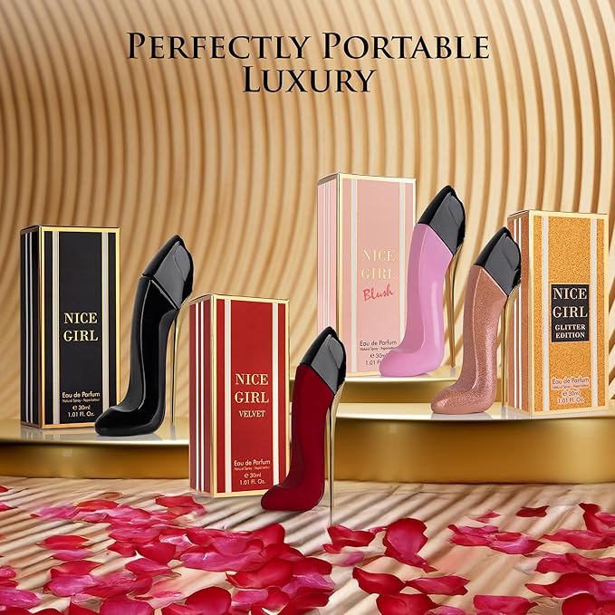 Nice Girl 4 PC Mini Perfume Gift Set for Women, Sweet Vanilla Floral Fragrance, Tuberose, Rose, Amber, Cacao, Powdery Almond, Travel Size 30ml Eau De Parfum, Classic, Velvet, Glitter, & Blush