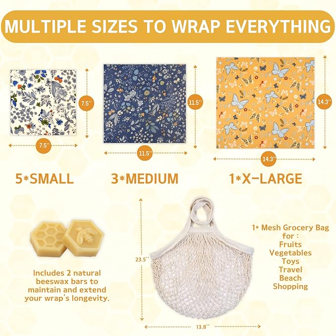 Reusable Beeswax Wrap - 9 Pack Beeswax Wraps for Food, Eco-Friendly Beeswax Food Wraps, with Mesh Grocery Bag & 2 Beeswax Bars, Reusable Food Storage Wrap Set, Sustainable Gifts