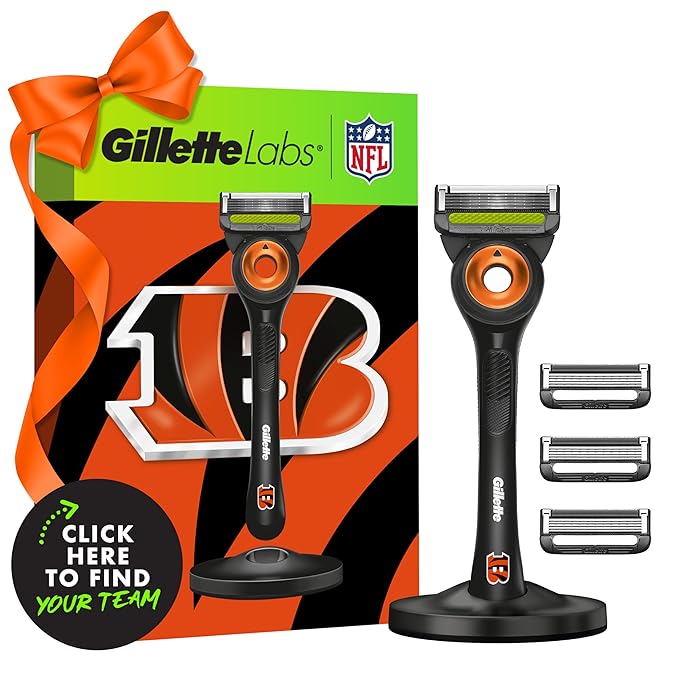 Gillette Labs Special NFL Bengals Edition Shaving Razor for Men - 1 Handle, 4 Razor Blade Refills & Magnetic Stand, Holiday Gifts for Men, GilletteLabs with Exfoliating Bar