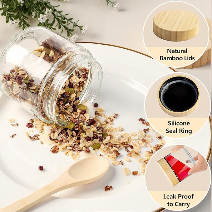 4 Pack 10oz Glass Jars with Bamboo Lids, Spoons, Airtight Overnight Oats Containers, Wide Mouth Mason Jars, Food Storage Container for Yogurt Salad Snacks Spice Sugar Meal Prep – Reusable
