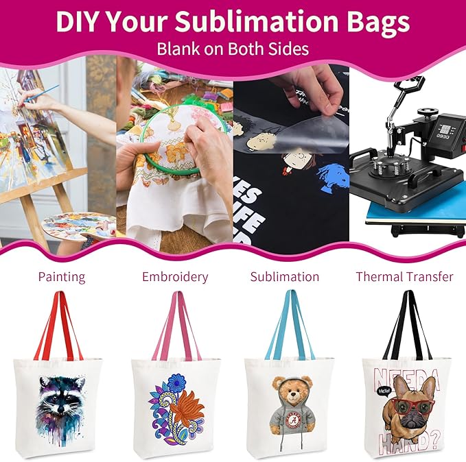 10 Pack Canvas Tote Bag with Zipper, Reusable Grocery Bags with Long Handle, DIY Heat Transfer Sublimation Blanks Shopping Bags for Advertising, Birthday, Thanksgiving, Christmas Craft Bags