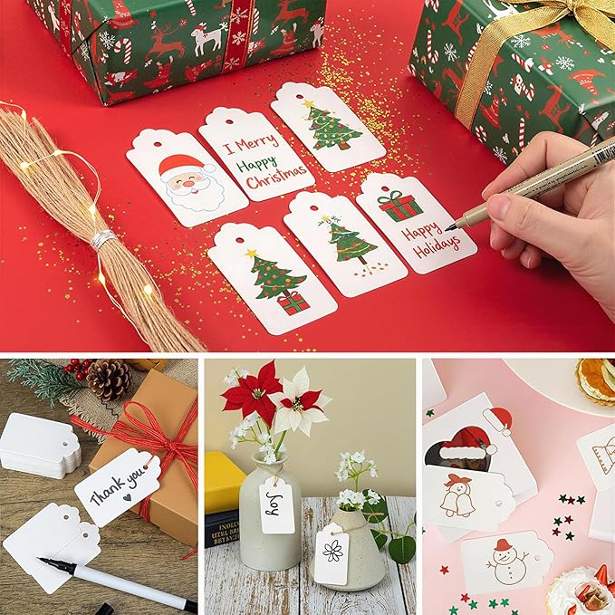 SallyFashion 100pcs Gift Tags with String Attached, 1.7 x 2.8 inch Kraft Paper Hang Tags for Clothes DIY Crafts Wedding Holiday (White)