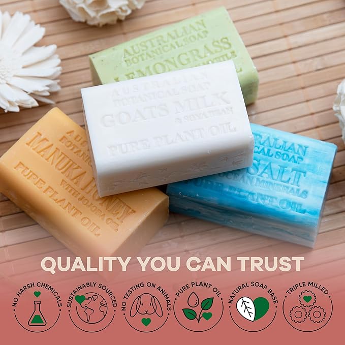 Australian Botanical Goats Milk Soap, Manuka Honey, Lemongrass and Sea Salt 6.6 OZ, Luxury Soap Bars Enriched with Shea Butter, Suitable for all Skin Types, Pack of 4