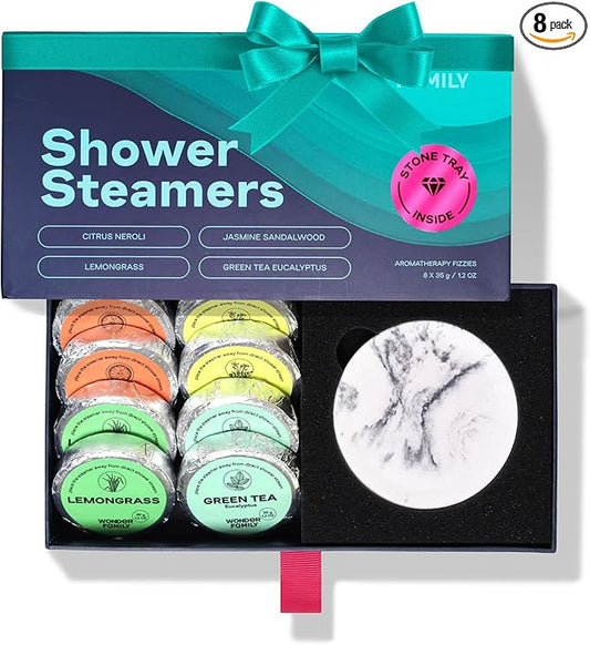 Aromatherapy Shower Steamers Gift Set for Women & Men – Green Tea, Jasmine, Lemongrass, Citrus – Essential Oil Vapor Shower Tablets, Individually Wrapped Shower Melts, Spa Gifts for Christmas
