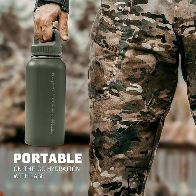ONETIGRIS 32 oz Insulated Water Bottle with Straw - Tactical Stainless Steel Water Jug, Leakproof Thermos Wide Mouth Sport bottle with 3 Lids and Sleeve for Travel, Gym, Camping, Hiking